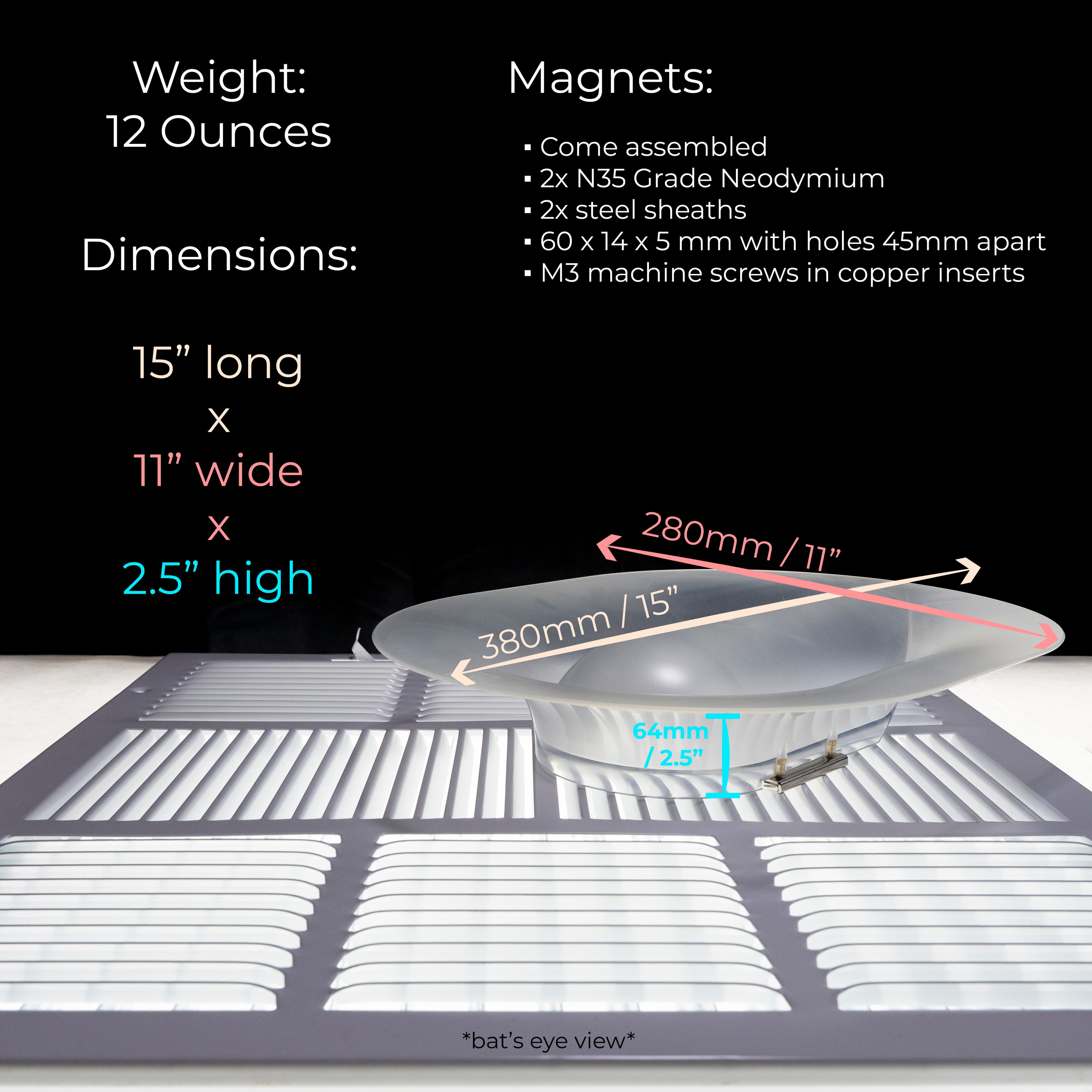 Flōrum Ventner product dimensions diagram showing width, depth, and height measurements